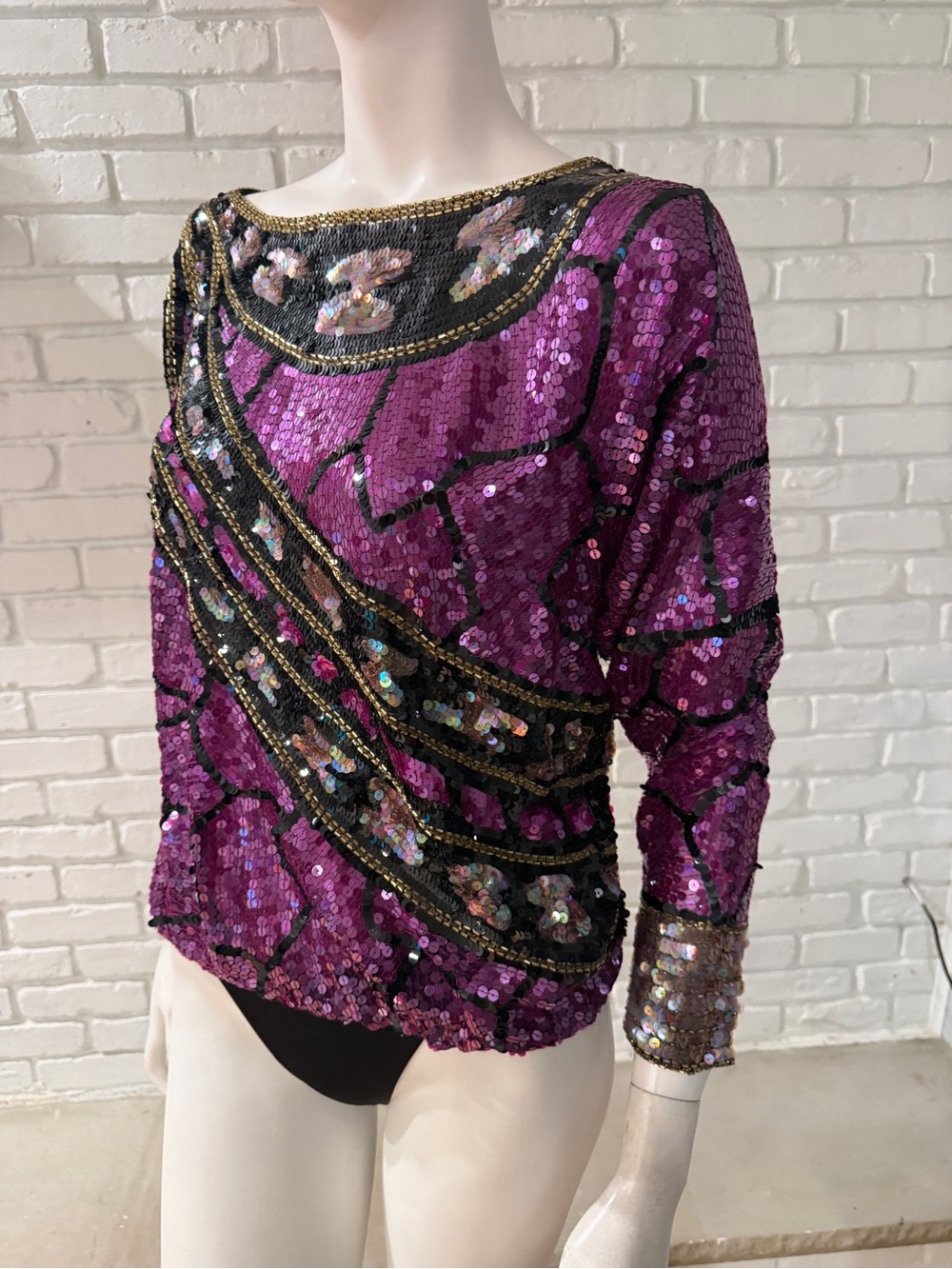 Jack Bryan Vintage Hand-Beaded Sequin Art Deco Top Purple Black Gold Size 6 - Picture 7 of 16